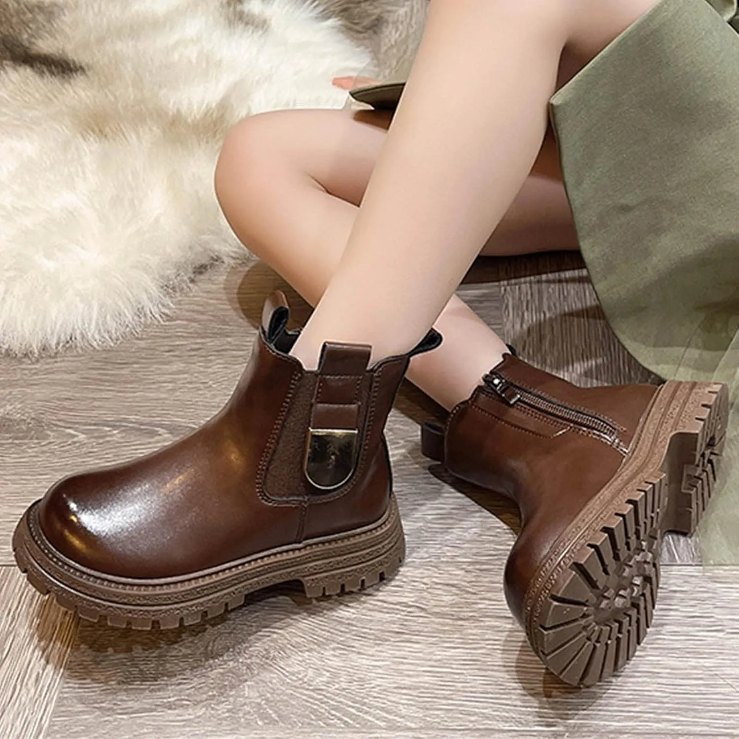Autumn and Winter Children Boots Girls Ankle Boots Thick Bottom Non Slip Upper Side Zipper Solid Girl Rain Boots Size 5