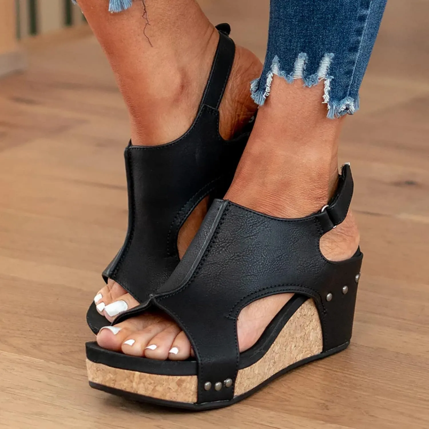 Black Sandals Women Wedge, Women's 2023 Peep Toe Platform Sandals Shoes Wedges Ankle Buckle Ladies Flip Flops