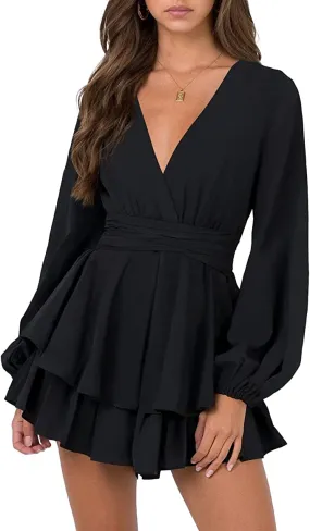 Black Sleeve Womens Sexy V Neck Long Baggy Sleeve Tie Waist Ruffle Hem Flowy Swing Mini Short Wrap Dress - Nova In Sky