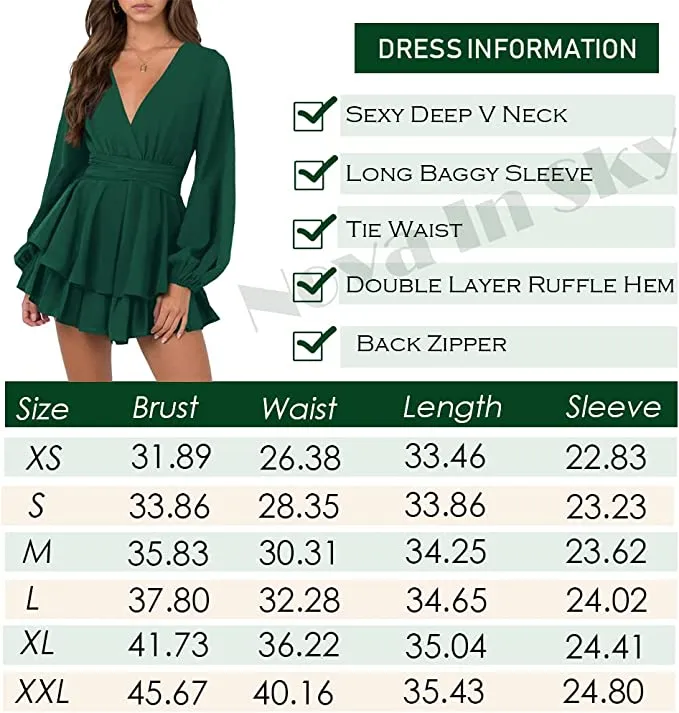 Black Sleeve Womens Sexy V Neck Long Baggy Sleeve Tie Waist Ruffle Hem Flowy Swing Mini Short Wrap Dress - Nova In Sky