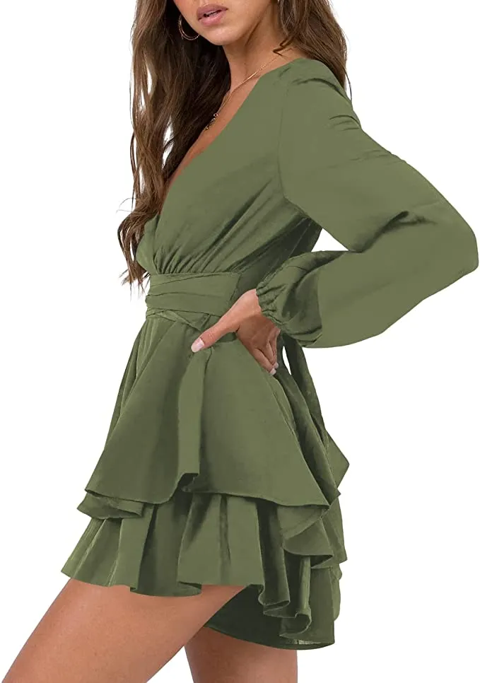 Black Sleeve Womens Sexy V Neck Long Baggy Sleeve Tie Waist Ruffle Hem Flowy Swing Mini Short Wrap Dress - Nova In Sky