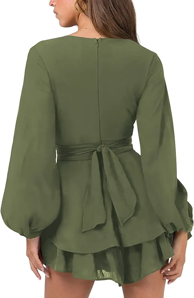 Black Sleeve Womens Sexy V Neck Long Baggy Sleeve Tie Waist Ruffle Hem Flowy Swing Mini Short Wrap Dress - Nova In Sky