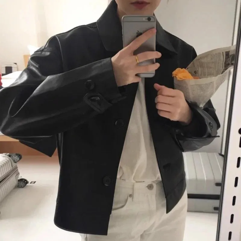cold weather outfits Joskaa 2024 New Zip-Uplapelpu Women's Leather Jacket Cropped Loose-Fit American Style Vintage Motorcycle Clothing Autumn/Winter