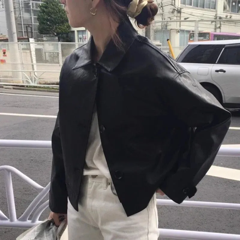 cold weather outfits Joskaa 2024 New Zip-Uplapelpu Women's Leather Jacket Cropped Loose-Fit American Style Vintage Motorcycle Clothing Autumn/Winter