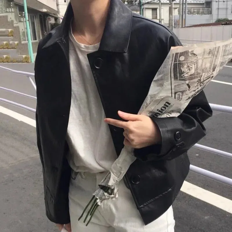 cold weather outfits Joskaa 2024 New Zip-Uplapelpu Women's Leather Jacket Cropped Loose-Fit American Style Vintage Motorcycle Clothing Autumn/Winter