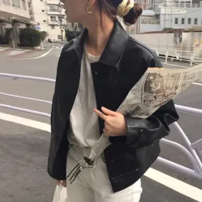 cold weather outfits Joskaa 2024 New Zip-Uplapelpu Women's Leather Jacket Cropped Loose-Fit American Style Vintage Motorcycle Clothing Autumn/Winter