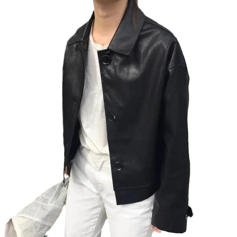 cold weather outfits Joskaa 2024 New Zip-Uplapelpu Women's Leather Jacket Cropped Loose-Fit American Style Vintage Motorcycle Clothing Autumn/Winter