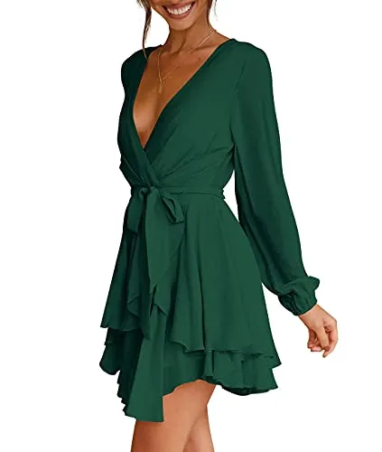 Cosonsen Womens Swing Dress Deep V-Neck Bishop Sleeve Tie Waist Ruffle Dresses Green M