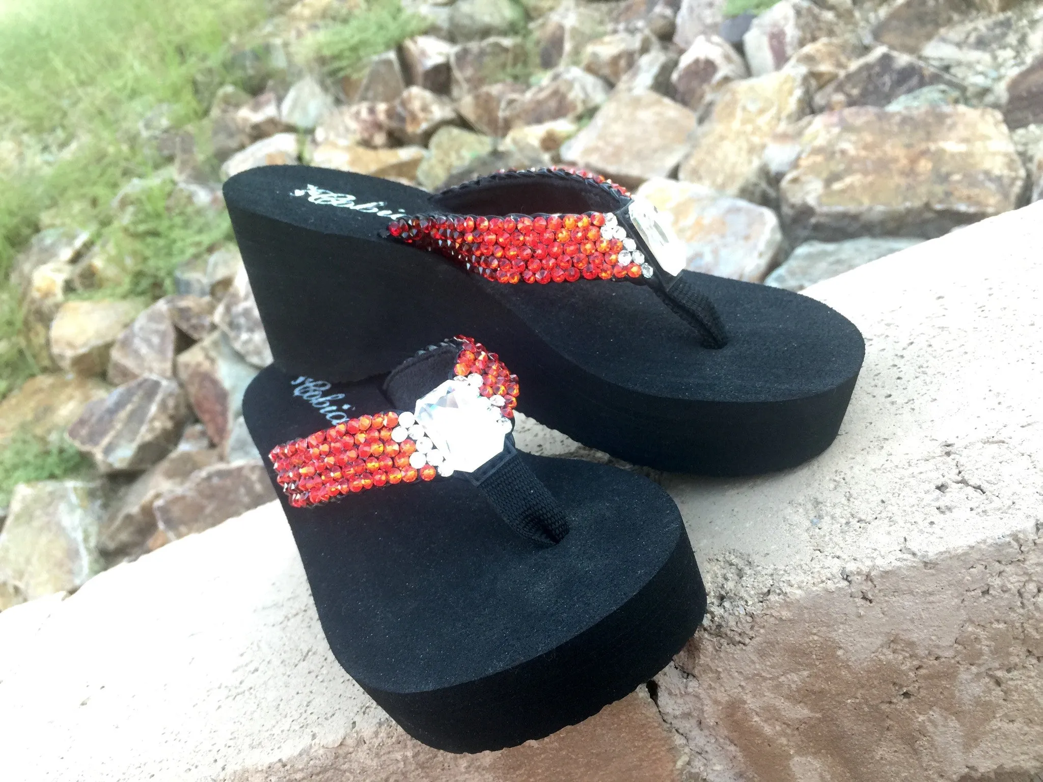 Dorothy's Ruby Red Ombre' Rockstar Swarovski Crystal Platform Flip Flops by Sparkle Steps