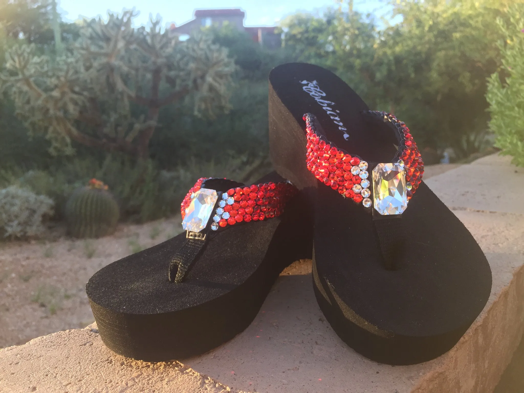 Dorothy's Ruby Red Ombre' Rockstar Swarovski Crystal Platform Flip Flops by Sparkle Steps