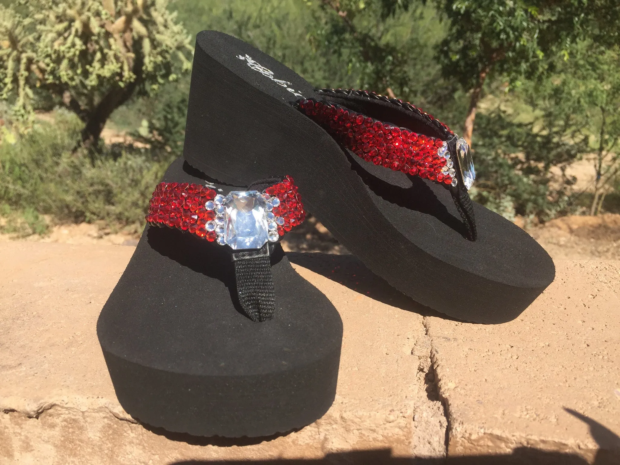 Dorothy's Ruby Red Ombre' Rockstar Swarovski Crystal Platform Flip Flops by Sparkle Steps