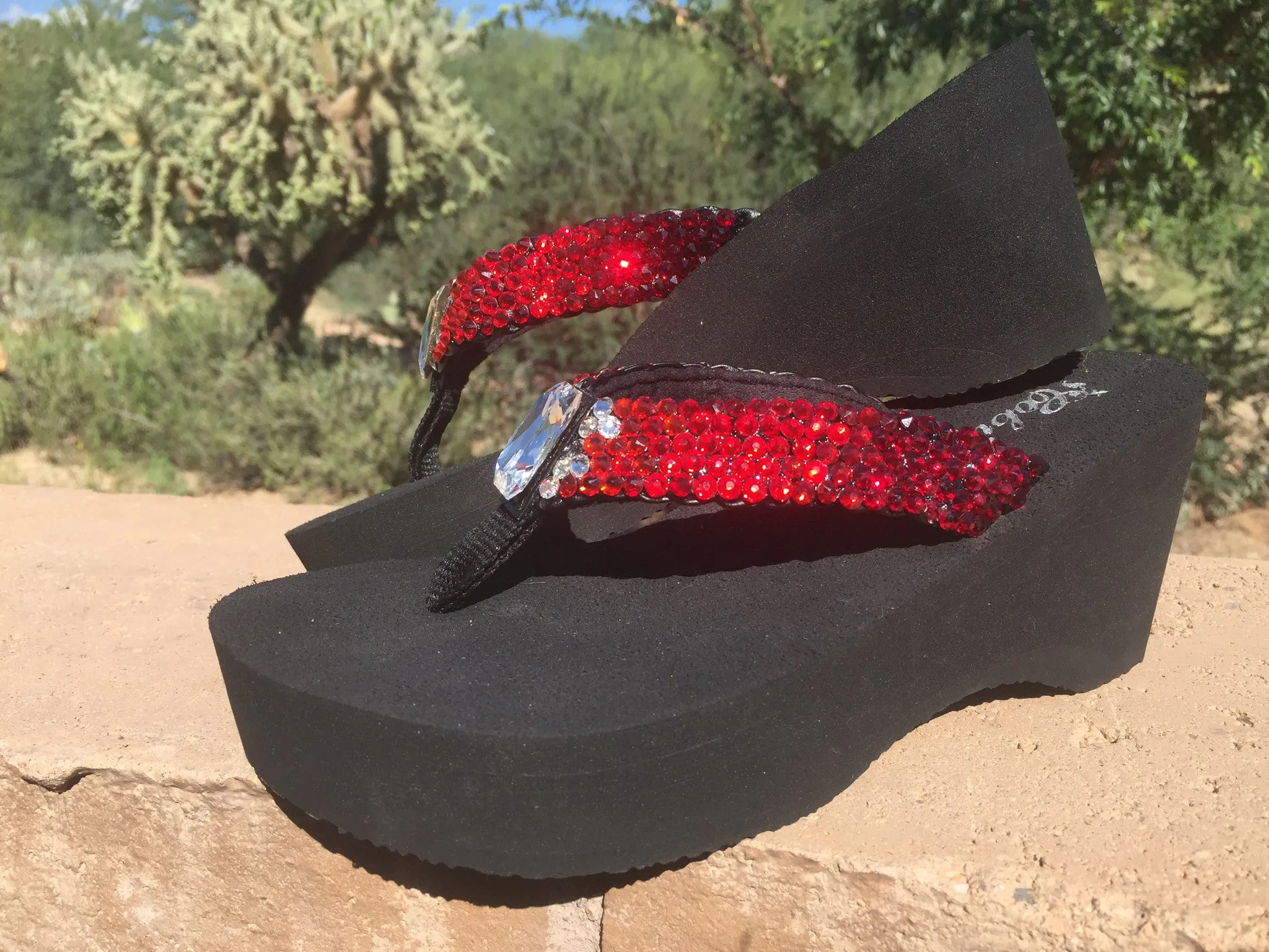 Dorothy's Ruby Red Ombre' Rockstar Swarovski Crystal Platform Flip Flops by Sparkle Steps