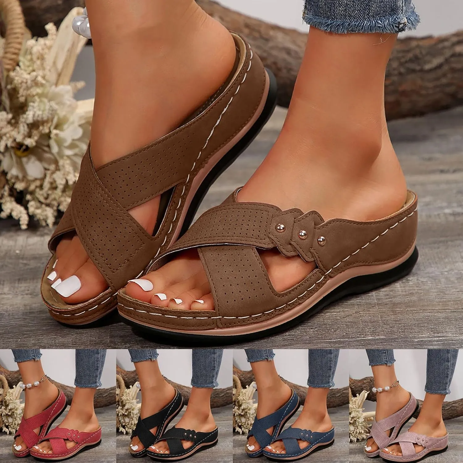 Eduavar Orthopedic Sandals for Women, Womens Sandals Casual Summer Low Wedge Sandals Breathable Open Toe Walking Sandals