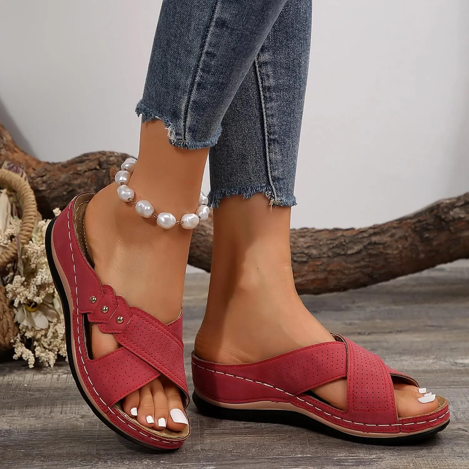 Eduavar Orthopedic Sandals for Women, Womens Sandals Casual Summer Low Wedge Sandals Breathable Open Toe Walking Sandals