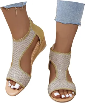 Eduavar Sandals for Women Dressy, Orthopedic Sandals for Women Low Wedge Sandals Cutout Zip Up Crystal Sandals Shoes