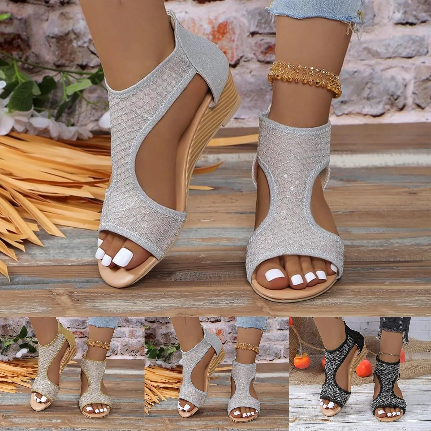 Eduavar Sandals for Women Dressy, Orthopedic Sandals for Women Low Wedge Sandals Cutout Zip Up Crystal Sandals Shoes