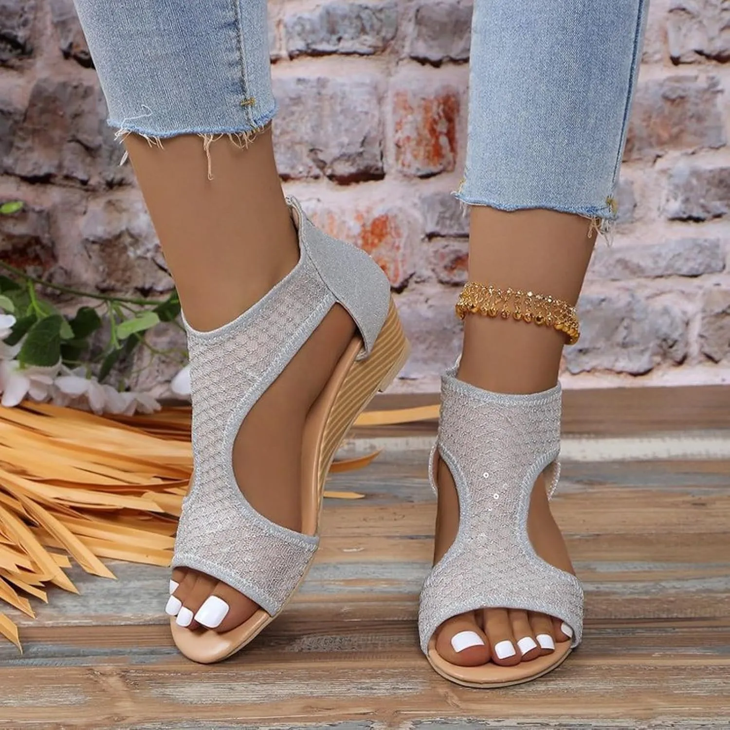 Eduavar Sandals for Women Dressy, Orthopedic Sandals for Women Low Wedge Sandals Cutout Zip Up Crystal Sandals Shoes