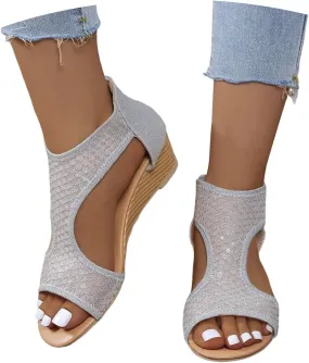 Eduavar Sandals for Women Dressy, Orthopedic Sandals for Women Low Wedge Sandals Cutout Zip Up Crystal Sandals Shoes