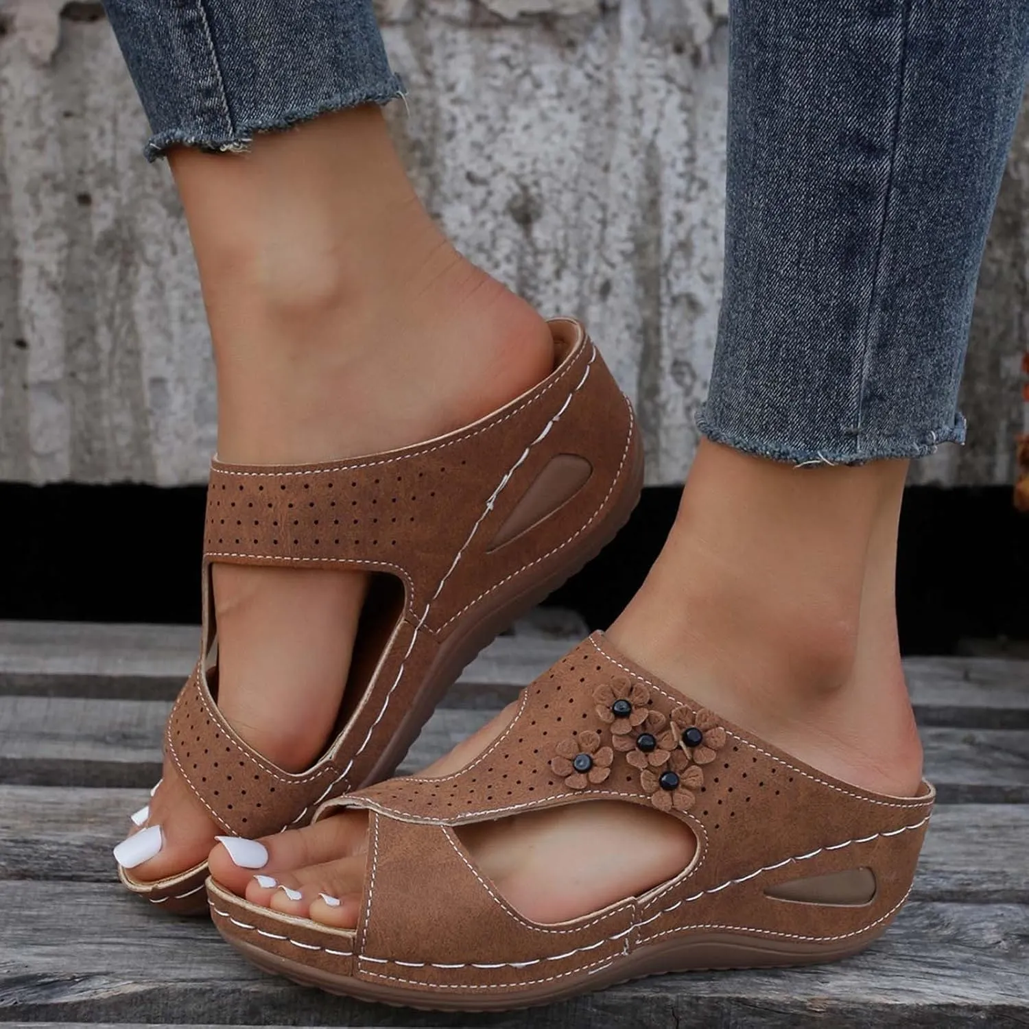 Eduavar Womens Sandals Dressy, Sandals Women Floral Leopard Print Sandals Peep Toe Wedge Sandals Comfy Slip On Shoes