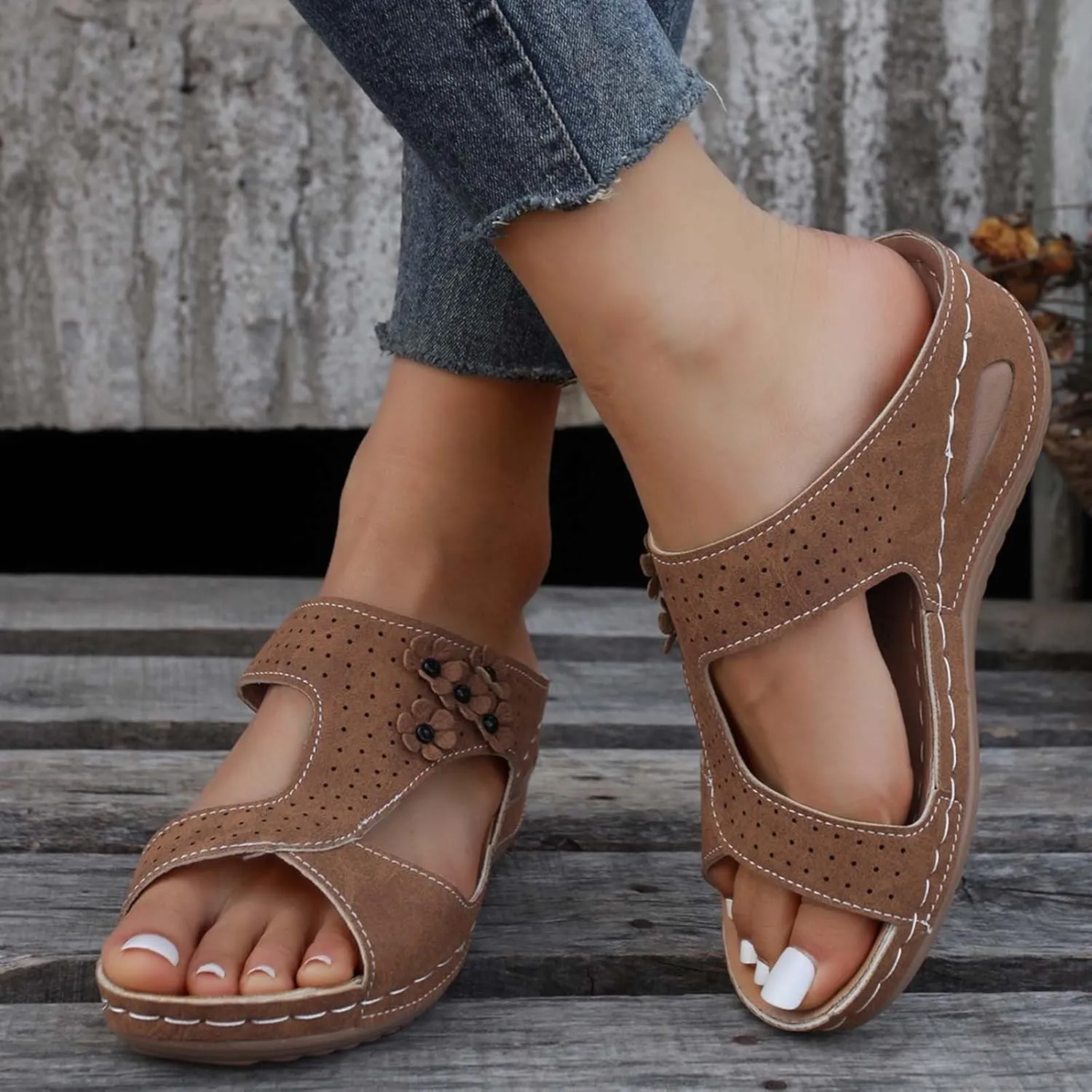 Eduavar Womens Sandals Dressy, Sandals Women Floral Leopard Print Sandals Peep Toe Wedge Sandals Comfy Slip On Shoes