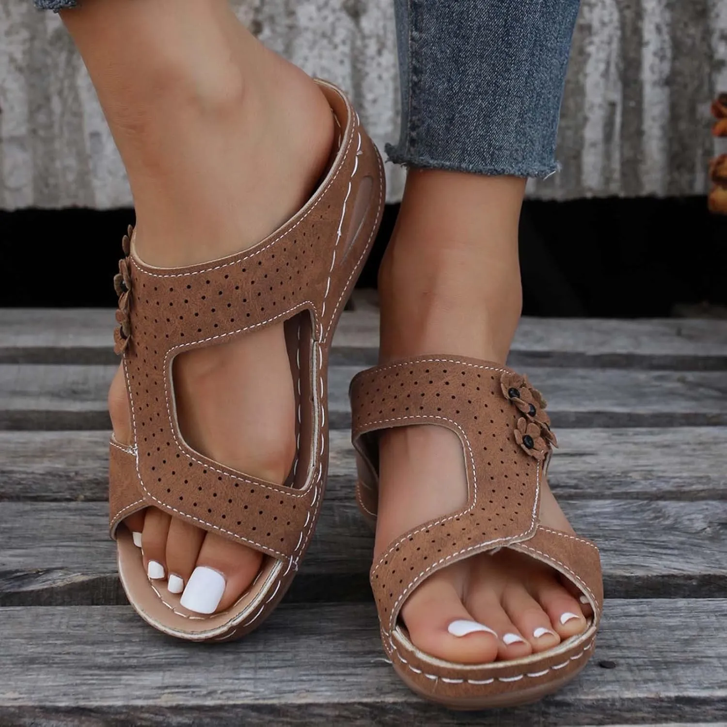 Eduavar Womens Sandals Dressy, Sandals Women Floral Leopard Print Sandals Peep Toe Wedge Sandals Comfy Slip On Shoes
