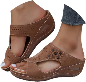 Eduavar Womens Sandals Dressy, Sandals Women Floral Leopard Print Sandals Peep Toe Wedge Sandals Comfy Slip On Shoes
