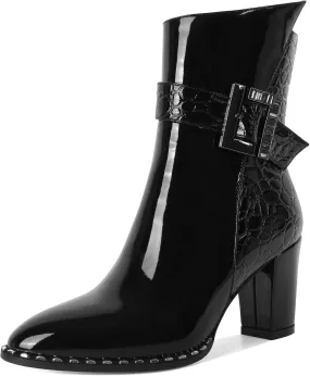 Eldof Ankle Boots for Women Block Chunky Heel Round Toe Beaded Heeled Fall Short Booties Buckle Strap Side Zipper 3 Inches