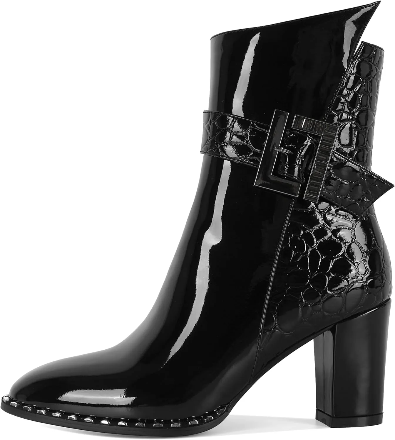 Eldof Ankle Boots for Women Block Chunky Heel Round Toe Beaded Heeled Fall Short Booties Buckle Strap Side Zipper 3 Inches