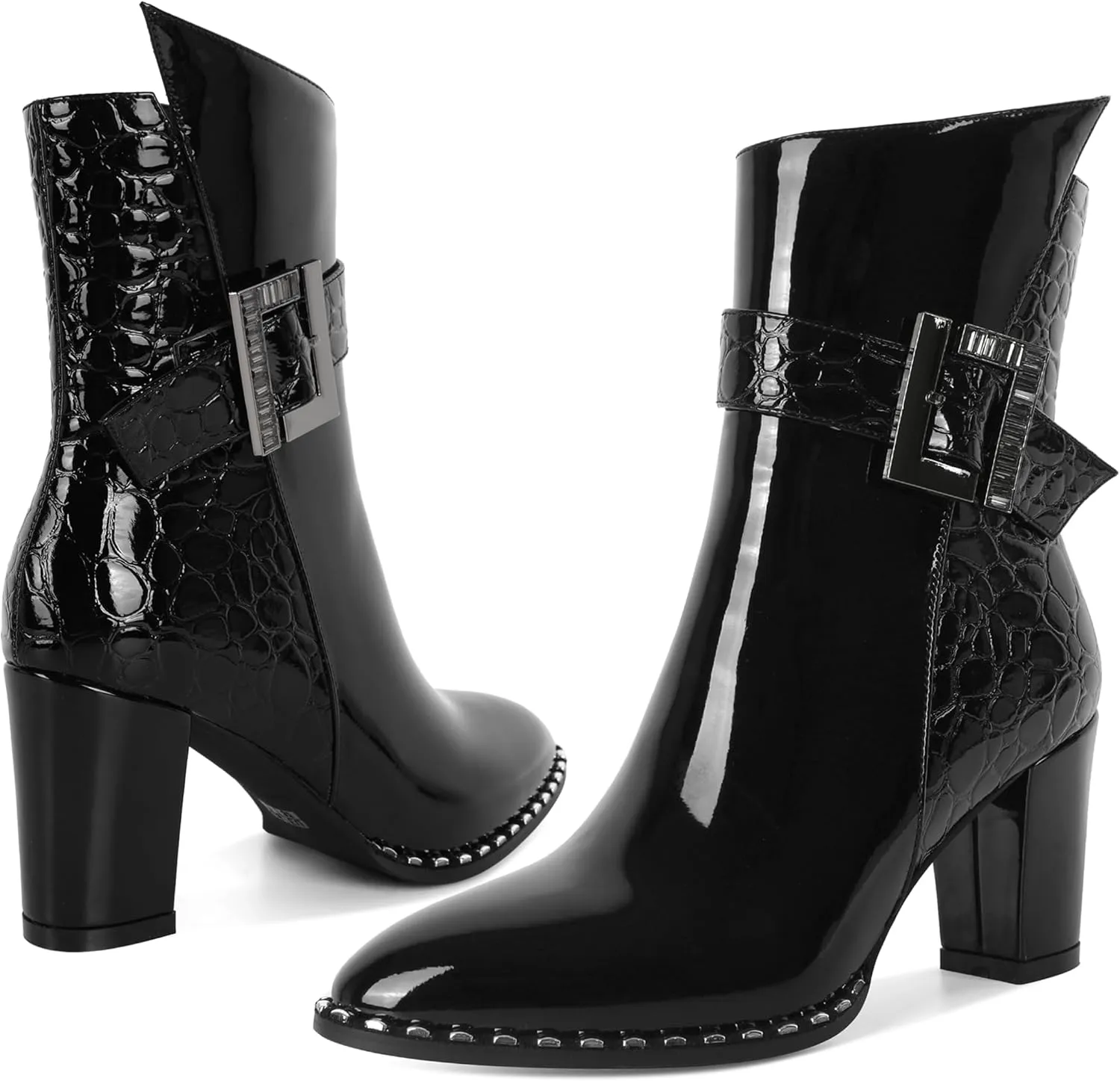 Eldof Ankle Boots for Women Block Chunky Heel Round Toe Beaded Heeled Fall Short Booties Buckle Strap Side Zipper 3 Inches