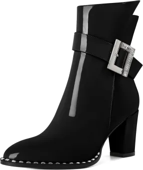 Eldof Ankle Boots for Women Block Chunky Heel Round Toe Beaded Heeled Fall Short Booties Buckle Strap Side Zipper 3 Inches