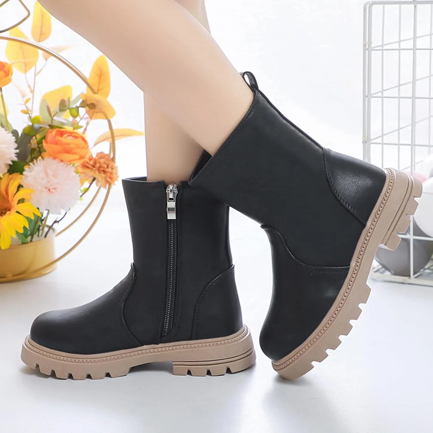Girls Ankle Boots Low Heel Side Zipper Fall Winter Booties Outdoor Chunky Platform Solid Shoes for Little/Big Kids