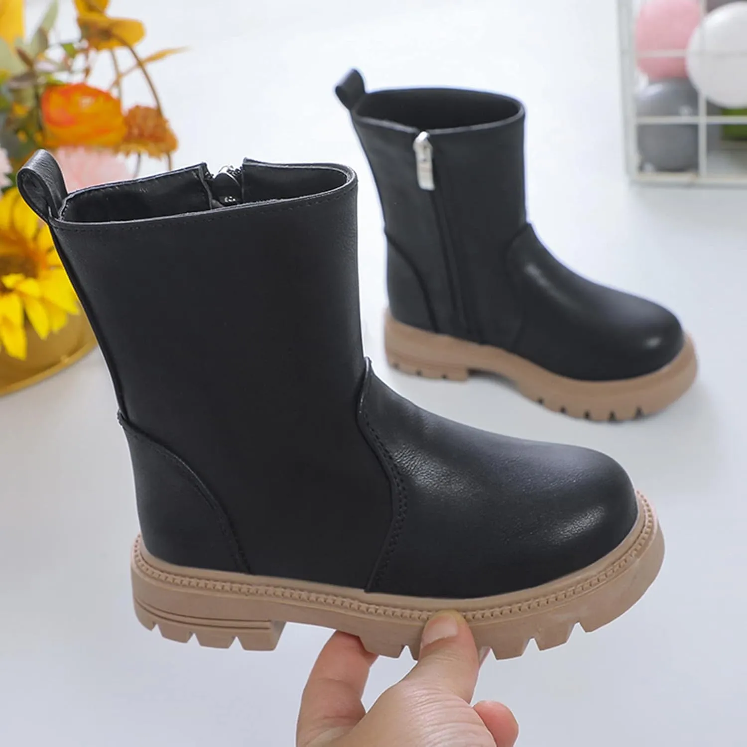 Girls Ankle Boots Low Heel Side Zipper Fall Winter Booties Outdoor Chunky Platform Solid Shoes for Little/Big Kids