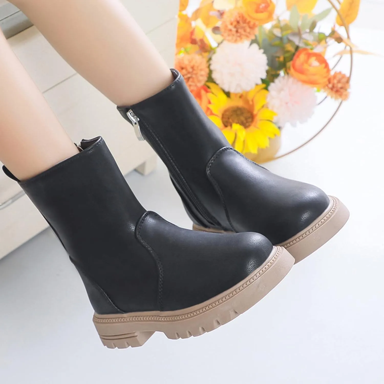 Girls Ankle Boots Low Heel Side Zipper Fall Winter Booties Outdoor Chunky Platform Solid Shoes for Little/Big Kids