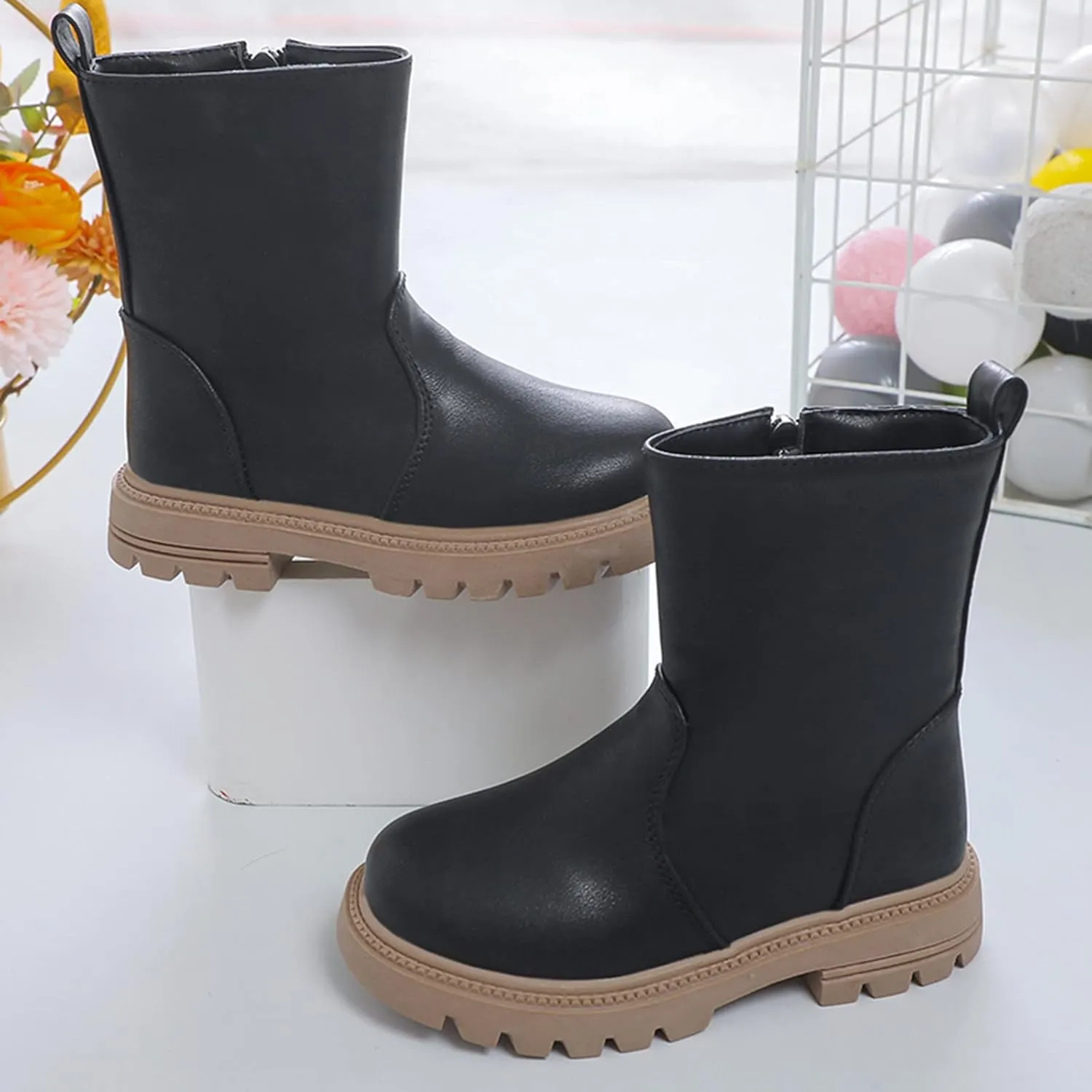 Girls Ankle Boots Low Heel Side Zipper Fall Winter Booties Outdoor Chunky Platform Solid Shoes for Little/Big Kids