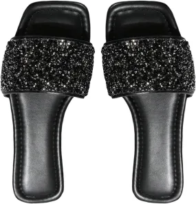 GORGLITTER Women's Rhinestone Sandals Glitter Strappy Sequin Shoes Square Toe Slide Flat Sandals