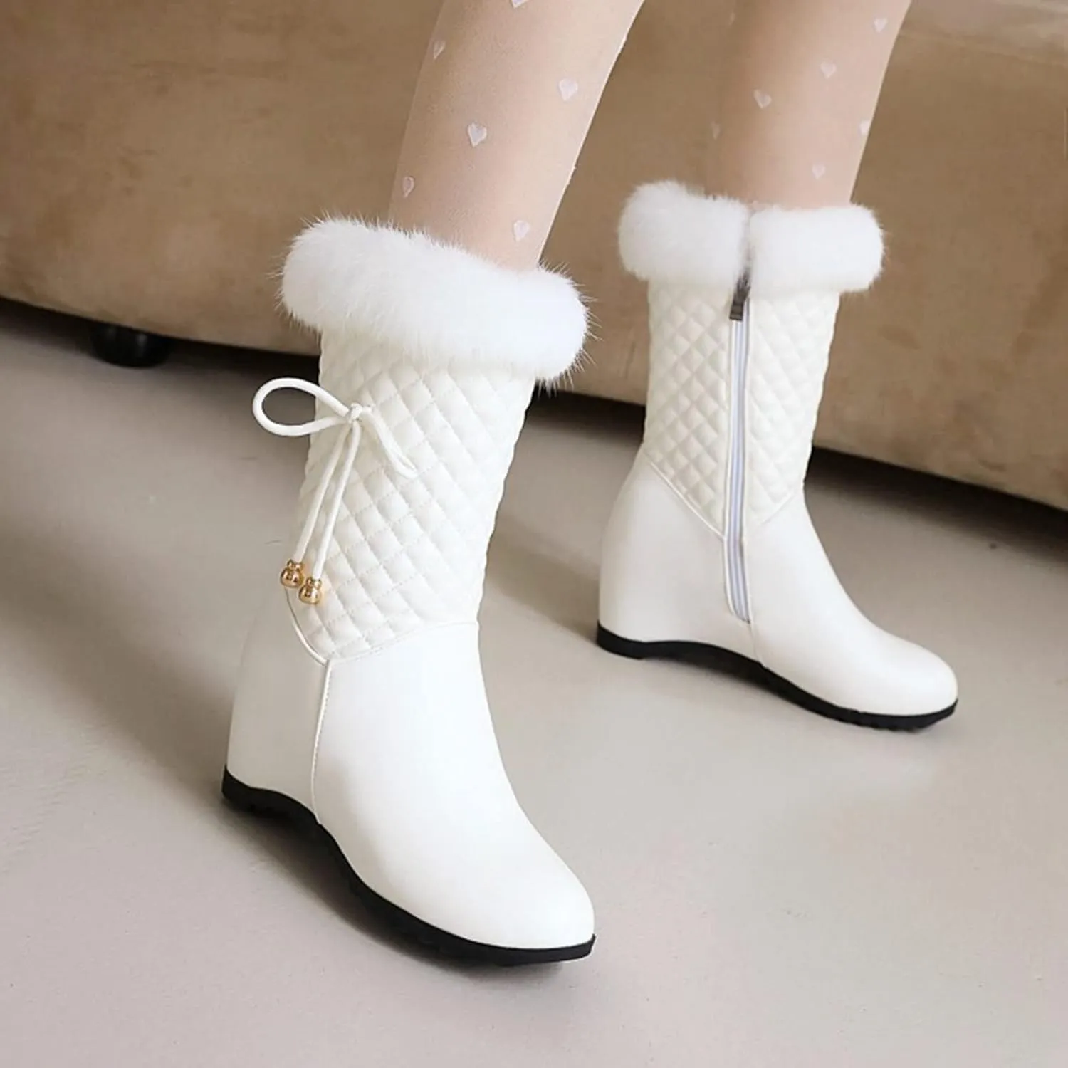 hlysgo Women Solid Color Short Boots Inner Height Waterproof Winter Boots Fuzzy Plush Fluffy Lined Side Zipper Warm Snow Booties