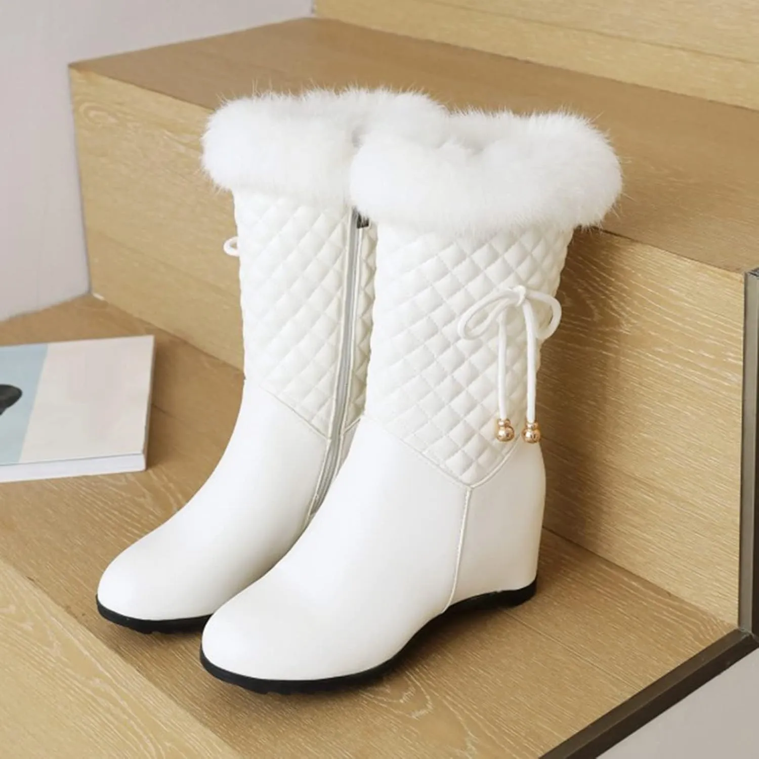 hlysgo Women Solid Color Short Boots Inner Height Waterproof Winter Boots Fuzzy Plush Fluffy Lined Side Zipper Warm Snow Booties