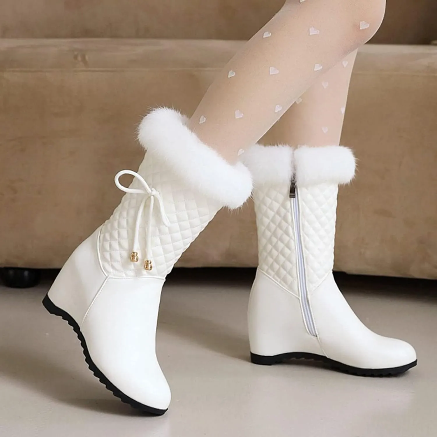 hlysgo Women Solid Color Short Boots Inner Height Waterproof Winter Boots Fuzzy Plush Fluffy Lined Side Zipper Warm Snow Booties