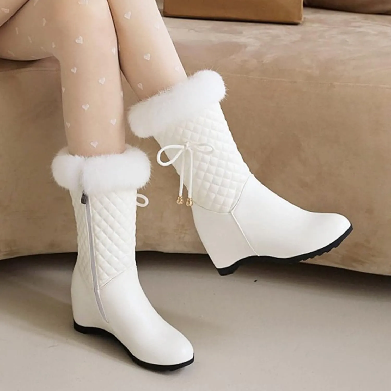 hlysgo Women Solid Color Short Boots Inner Height Waterproof Winter Boots Fuzzy Plush Fluffy Lined Side Zipper Warm Snow Booties