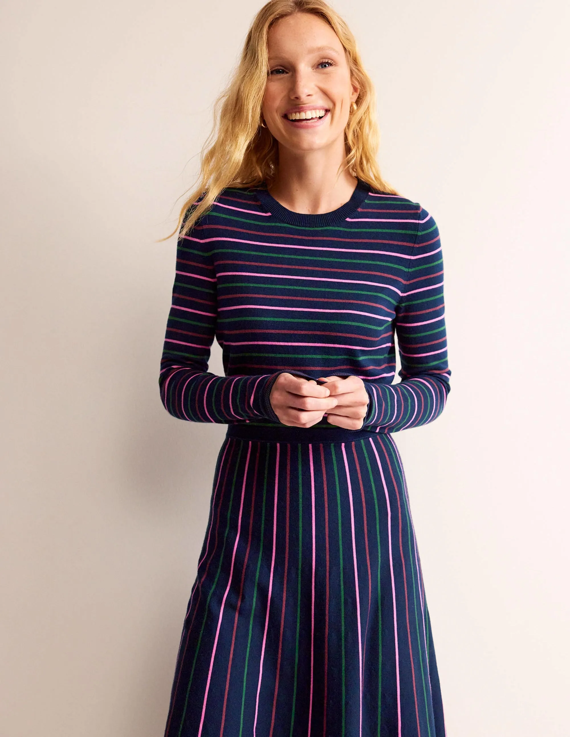 Maria Knitted Midi Dress-Navy and Pink