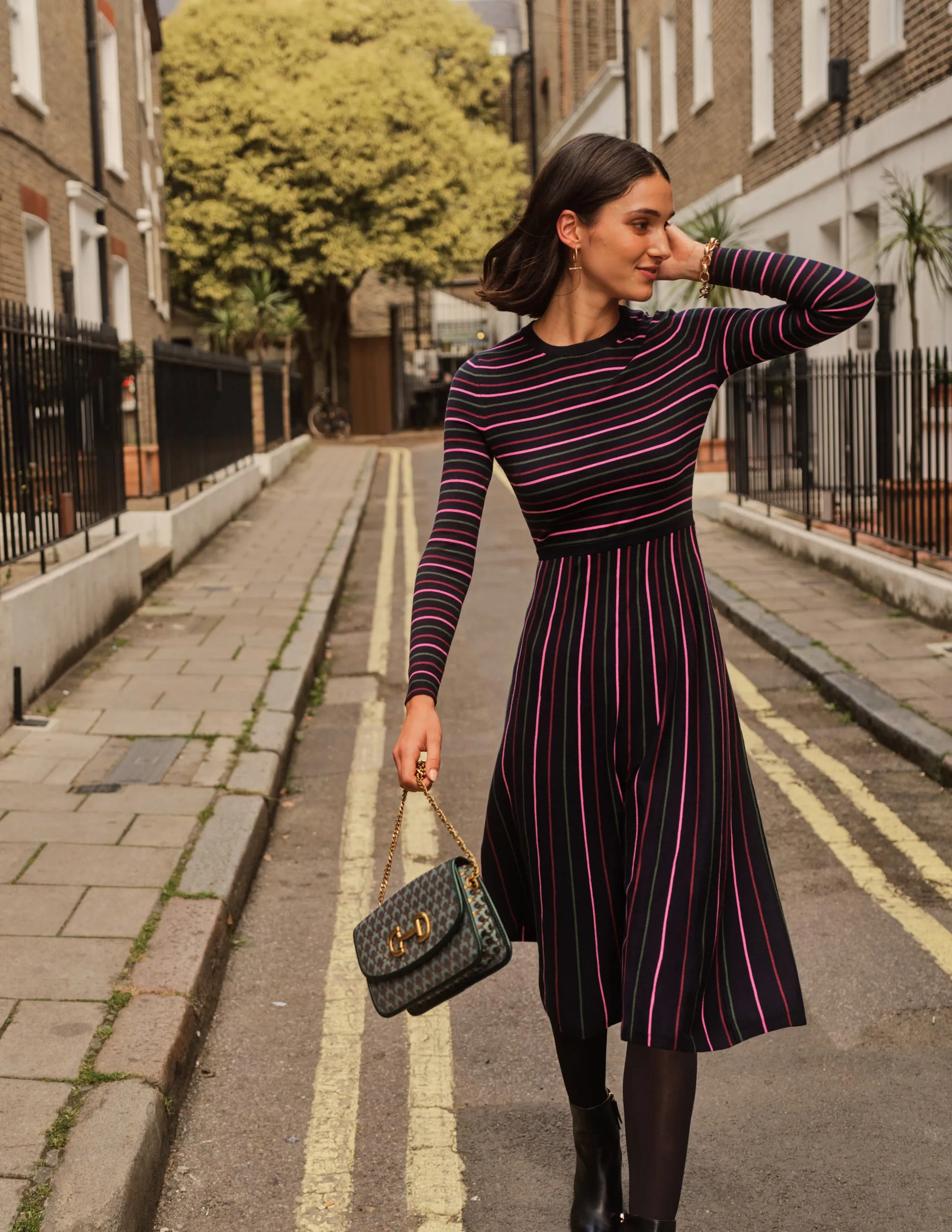 Maria Knitted Midi Dress-Navy and Pink
