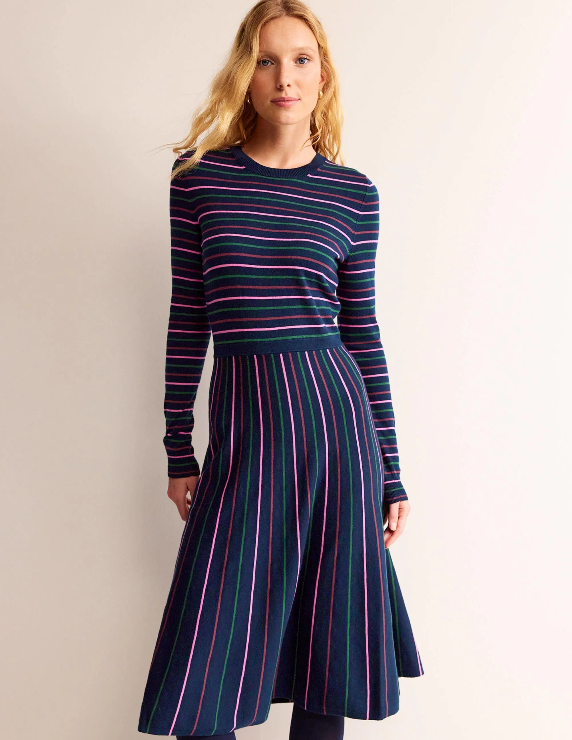 Maria Knitted Midi Dress-Navy and Pink
