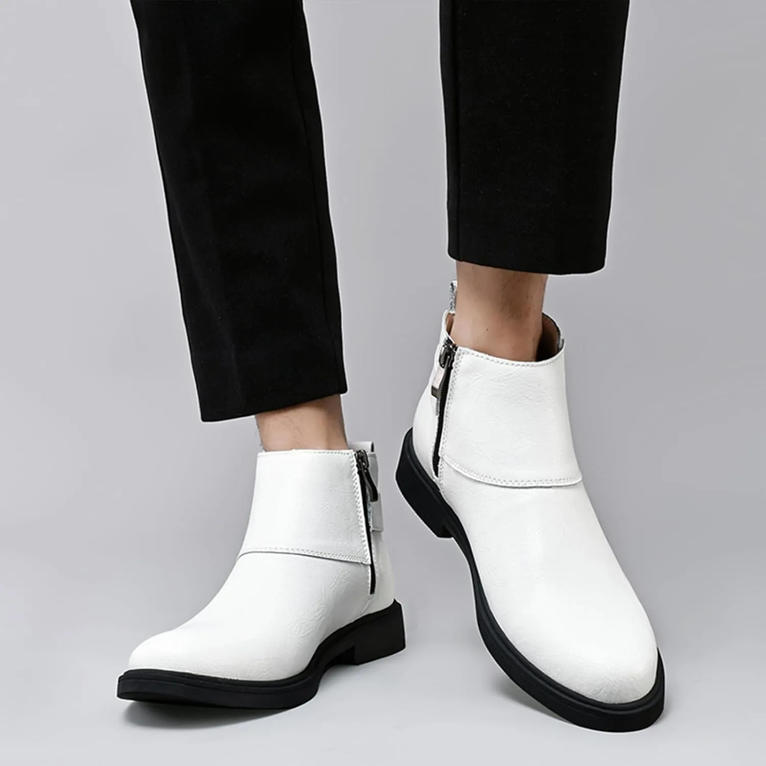 Men's Genuine Leather Buckle Dress Chelsea Boots with Side Zipper Fashion Pointed Toe Waterproof Non-Slip Casual Business Formal Booties