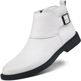 Men's Genuine Leather Buckle Dress Chelsea Boots with Side Zipper Fashion Pointed Toe Waterproof Non-Slip Casual Business Formal Booties