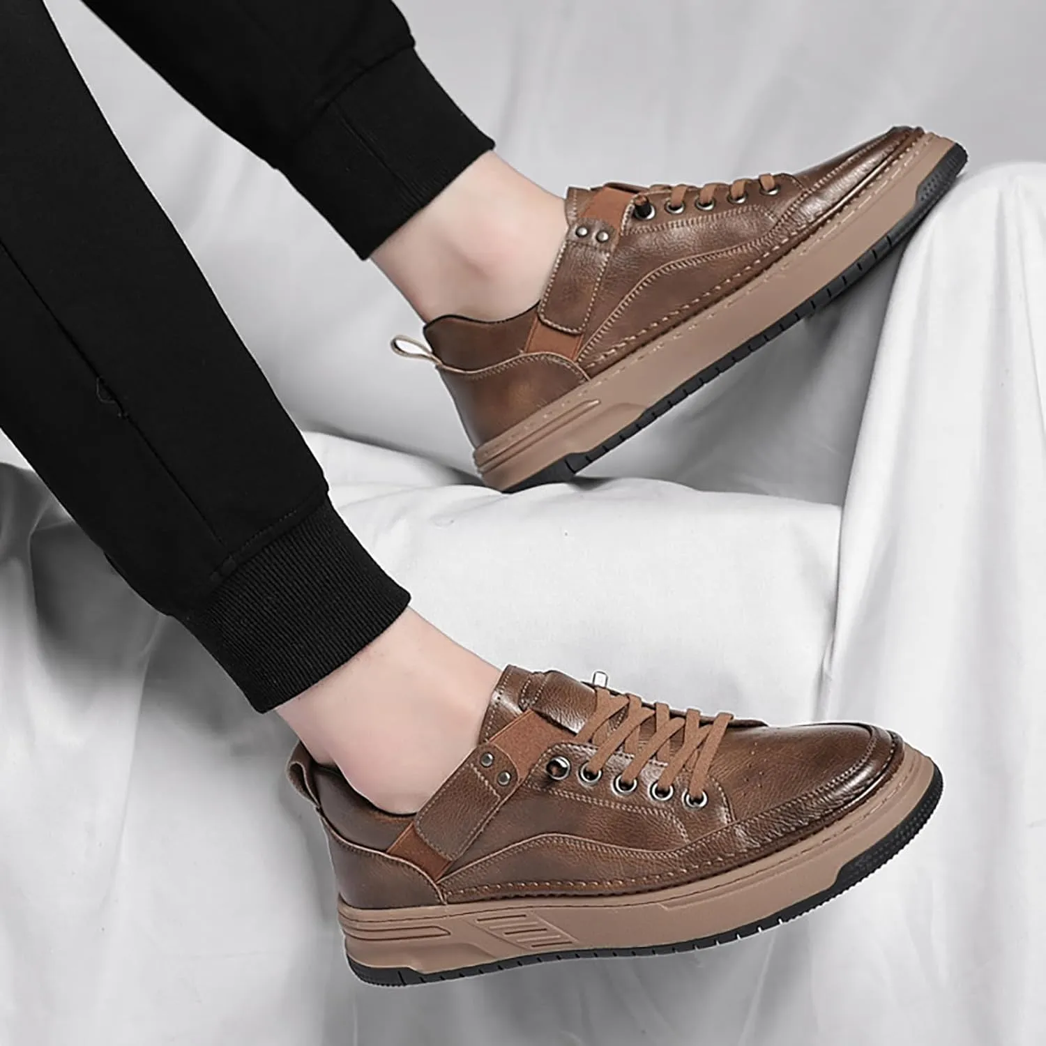 Men's Leather Handmade Fashion Sneakers Classic Lace Up Round Toe Business Casual Shoes Comfort Non-Slip Tennis Driving Walking Shoes
