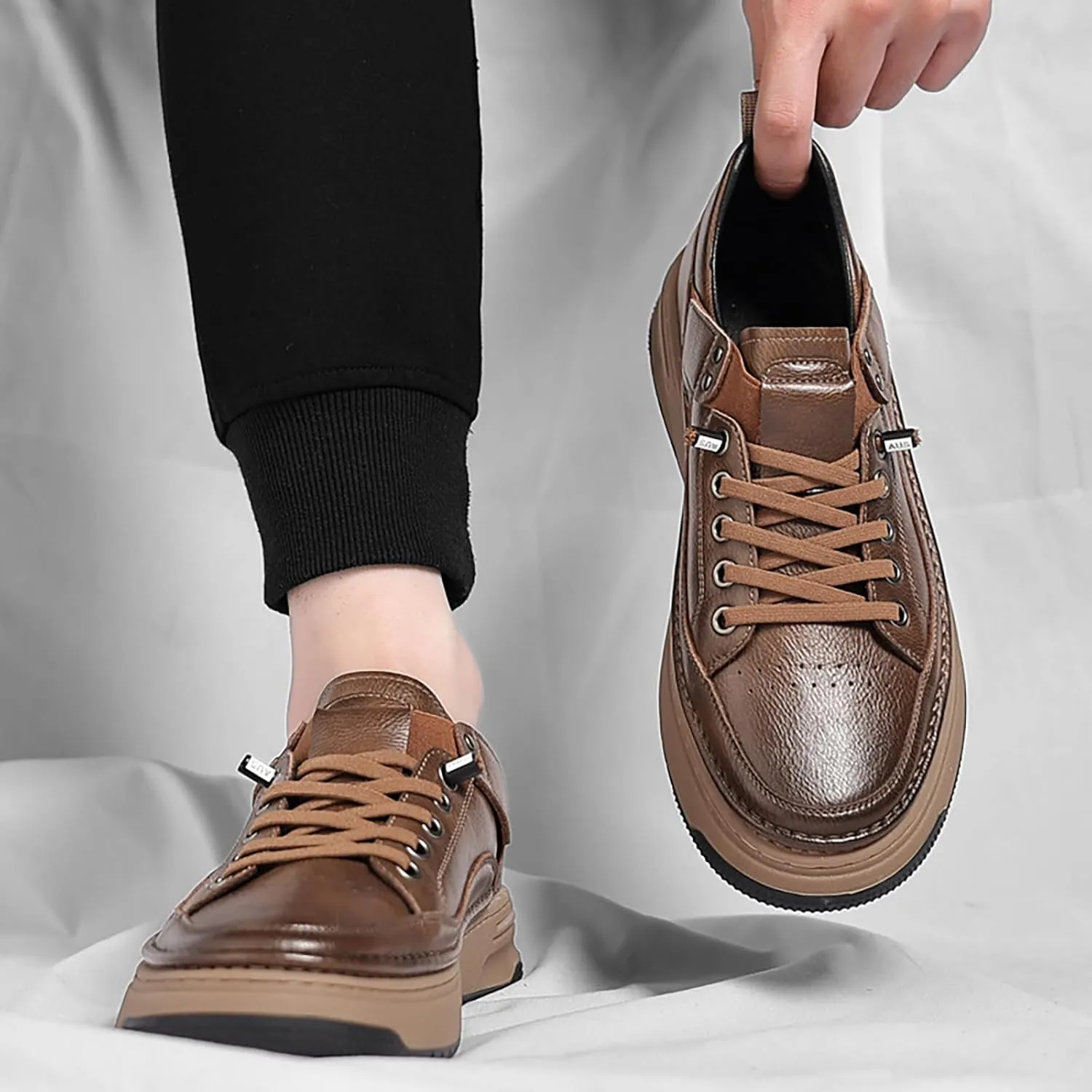 Men's Leather Handmade Fashion Sneakers Classic Lace Up Round Toe Business Casual Shoes Comfort Non-Slip Tennis Driving Walking Shoes