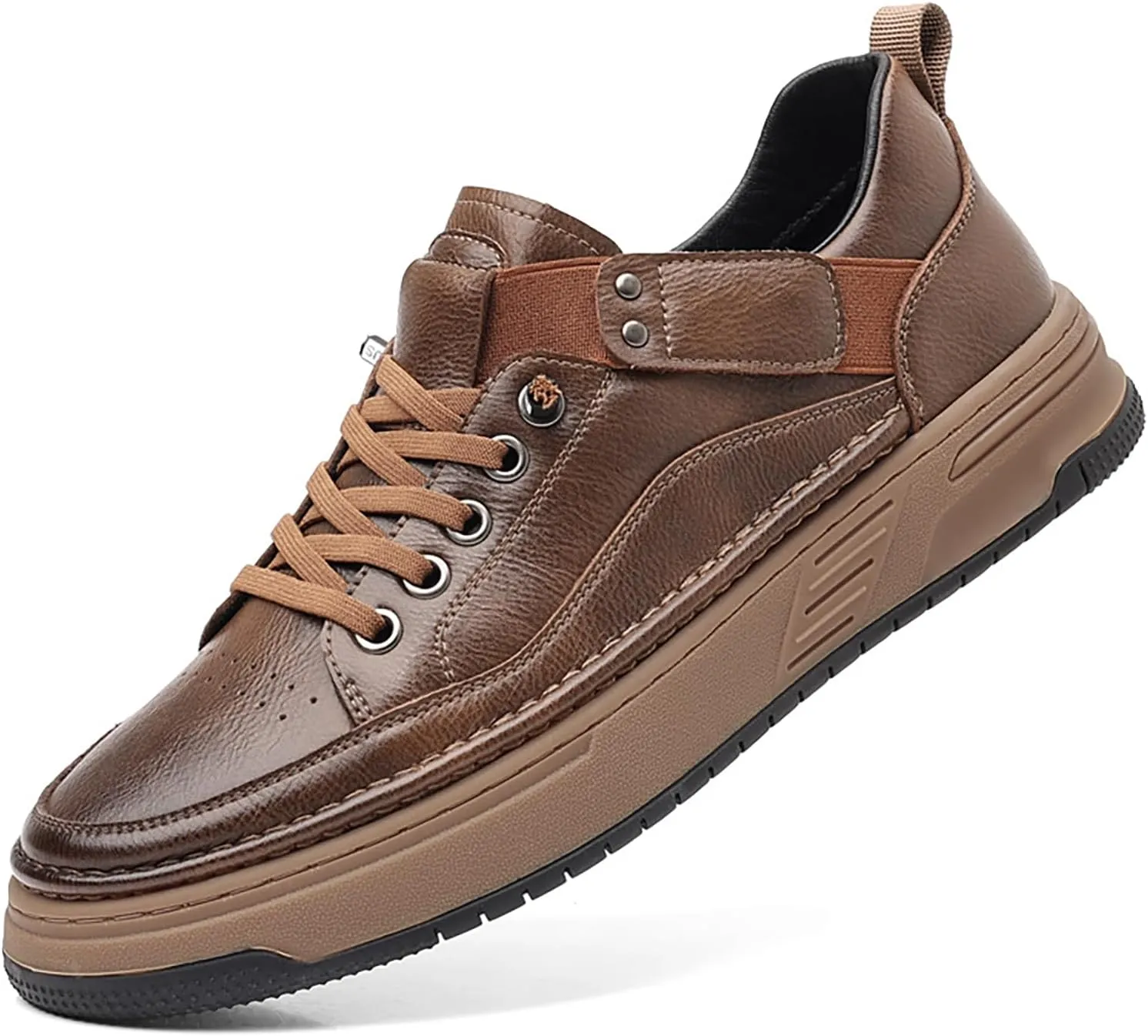 Men's Leather Handmade Fashion Sneakers Classic Lace Up Round Toe Business Casual Shoes Comfort Non-Slip Tennis Driving Walking Shoes