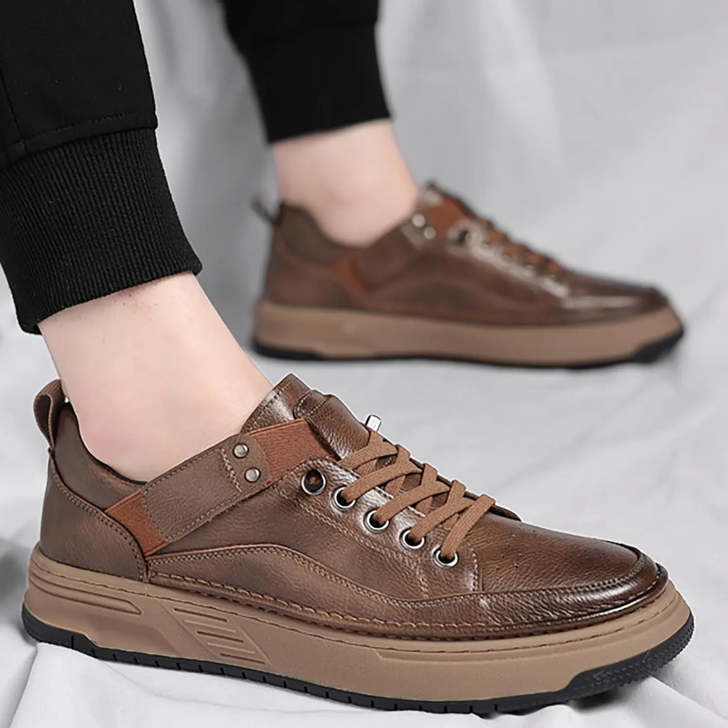 Men's Leather Handmade Fashion Sneakers Classic Lace Up Round Toe Business Casual Shoes Comfort Non-Slip Tennis Driving Walking Shoes