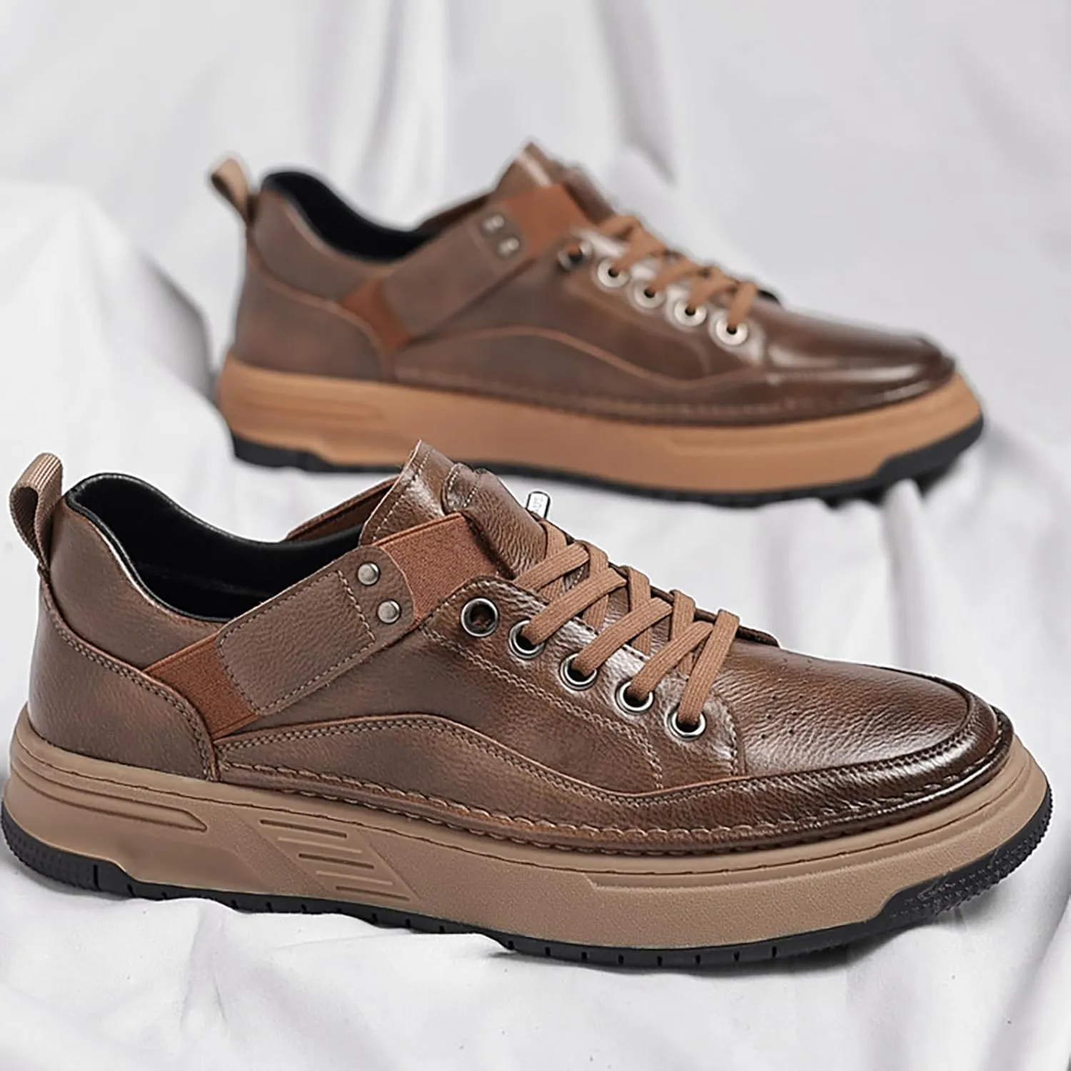 Men's Leather Handmade Fashion Sneakers Classic Lace Up Round Toe Business Casual Shoes Comfort Non-Slip Tennis Driving Walking Shoes