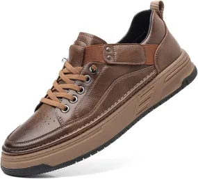 Men's Leather Handmade Fashion Sneakers Classic Lace Up Round Toe Business Casual Shoes Comfort Non-Slip Tennis Driving Walking Shoes